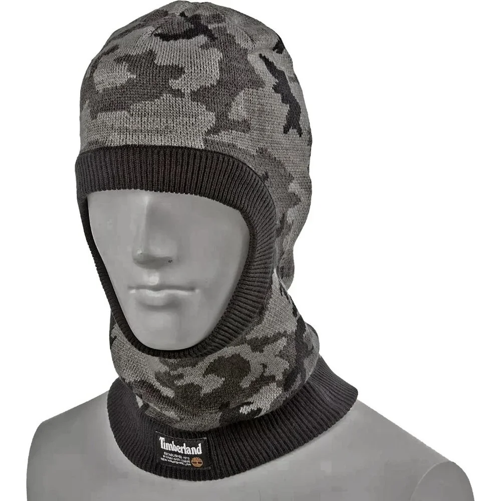 New! Timberland Knit Balaclava! Black & Gray Camo Use as Face Warmer, Mask, Hat